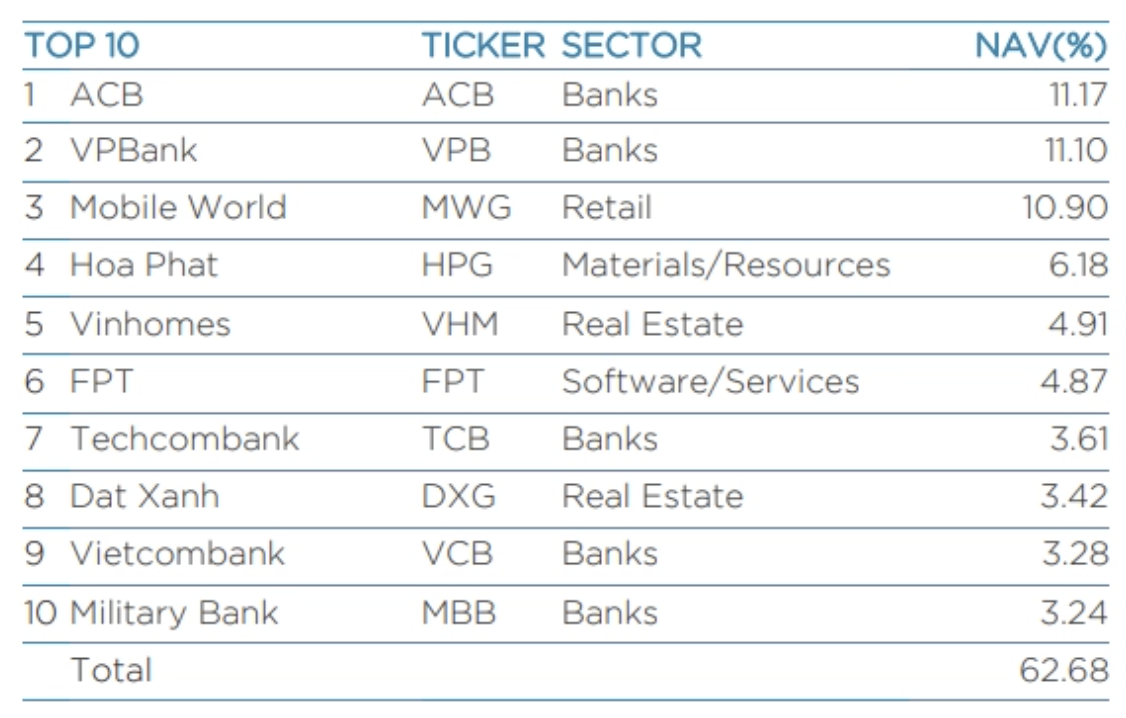 Top 10 khoản đầu tư lớn nhất của quỹ VEIL
