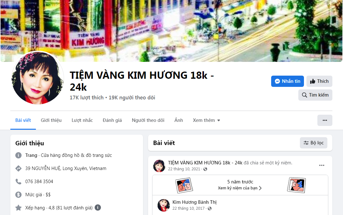 Trang Facebook chính chủ của tiệm vàng Kim Hương An Giang