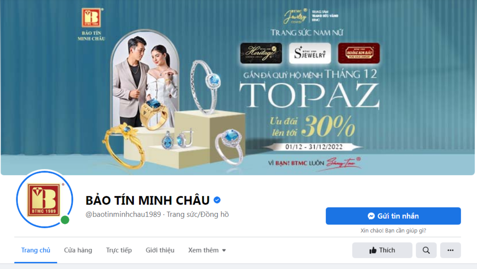Trang Facebook chính thức của Bảo Tín Minh Châu có gắn tích xanh