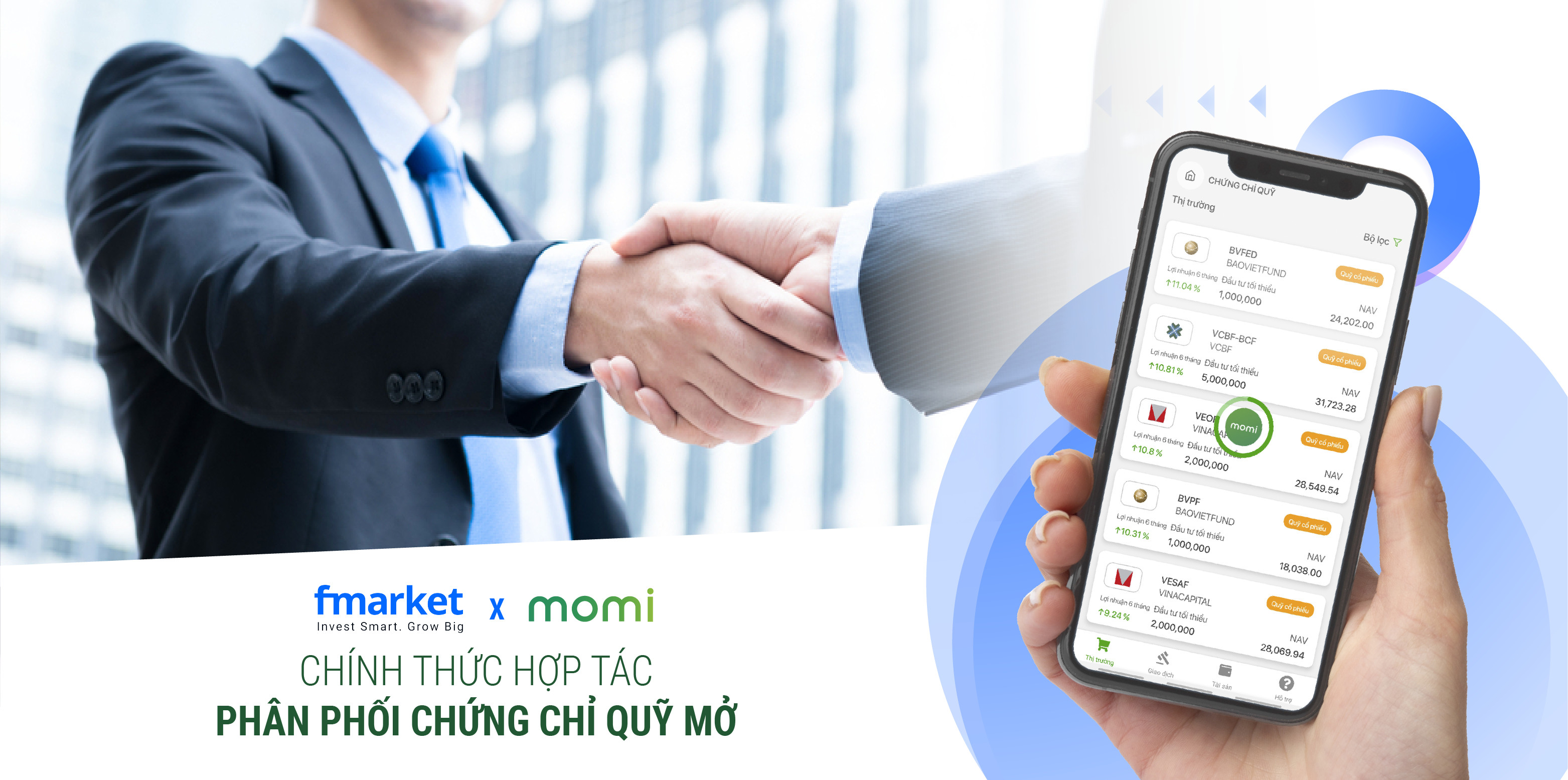 Momi hợp tác với Fmarket hỗ trợ khách hàng có thể mua chứng chỉ quỹ mở dễ dàng