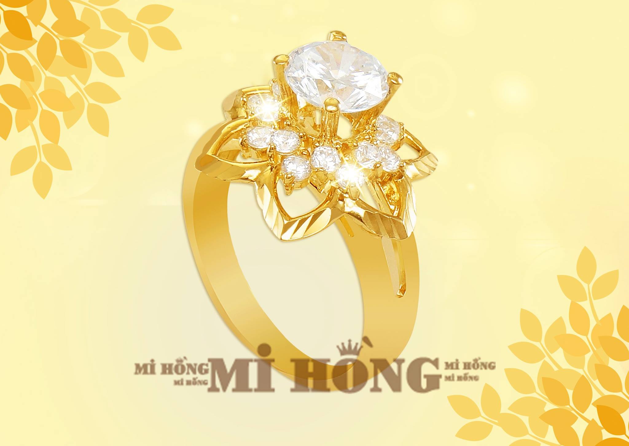 Nhẫn nữ Mi Hồng 16K đúc bông hoa gắn kim cương